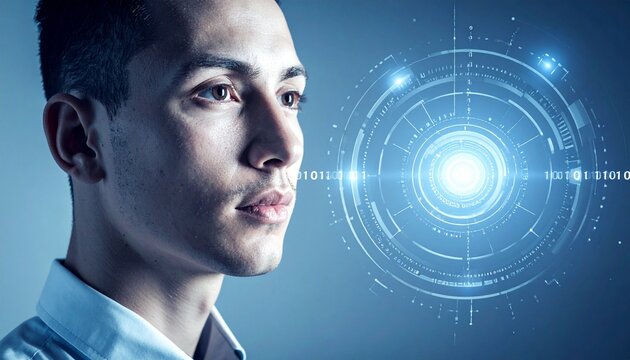 A young professional man looks at a glowing digital interface featuring data visualization and binary code in a futuristic high tech concept.