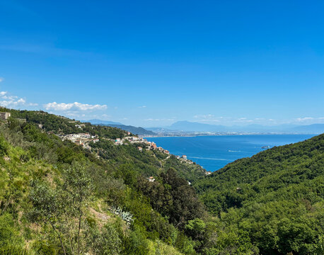 Panoramic view of the Gulf of Salerno from the Amalfi Coast, with the hillside villages of Albori and Raito