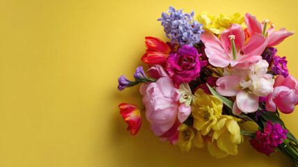 Fototapeta premium Bright spring flower bouquet with colorful tulips, lilies, and blooming petals arranged on a vibrant yellow background creating a cheerful, elegant, and fresh seasonal floral composition full of beaut