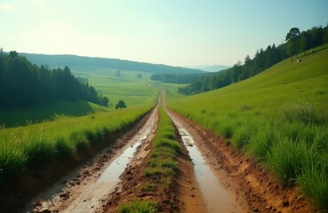 Fototapeta premium Muddy country road with tire tracks curves through green rolling hills. Rich grass and distant forest line the path. Clear blue sky overhead.