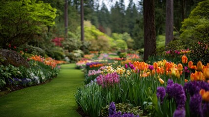 Fototapeta premium Vibrant floral pathway winding through a lush botanical garden bursting with spring tulips and colorful blossoms
