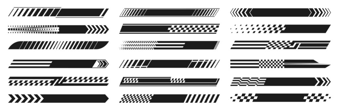 Racing speed lines and race car stripes set. Checkered flag,  start and finish line, motocross labels, dynamic lines, motorsport, racing stripe, sport decals, tuning stickers, speed motion banner