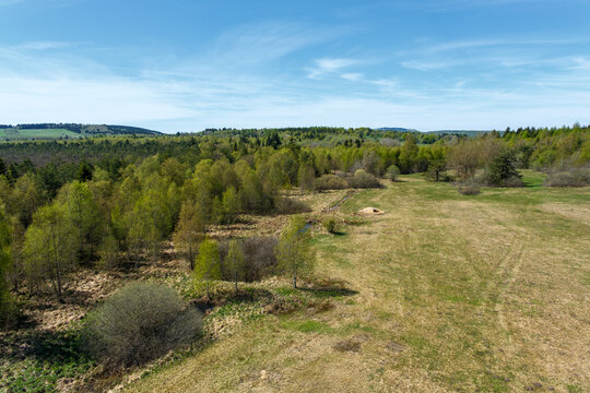 Panoramablick in Richtung Wasserkuppe vom Aussichtsturm im Schwarzen Moor im Biosph&auml;renreservat Rh&ouml;n