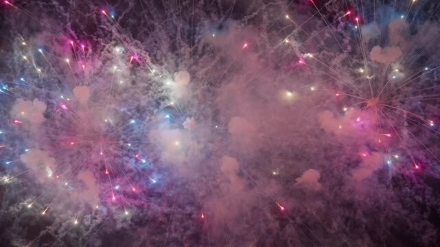Spectacular fireworks burst across Dubai night sky with vibrant pink, blue and golden explosions creating stunning light trails. Smoke clouds drift between cascading sparks during festive celebration.