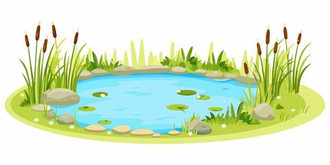 Cartoon pond with blue water and green vegetation © Piku