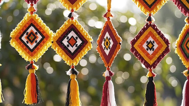 Decorative textile ornaments with geometric patterns and fringe