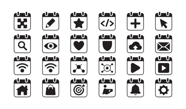 Calendar icon set with miscellaneous symbols for scheduling events and task organization app.