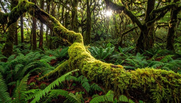 A lush green temperate rainforest featuring vibrant moss covered tree branches and dense fern foliage under the bright morning sunlight rays.