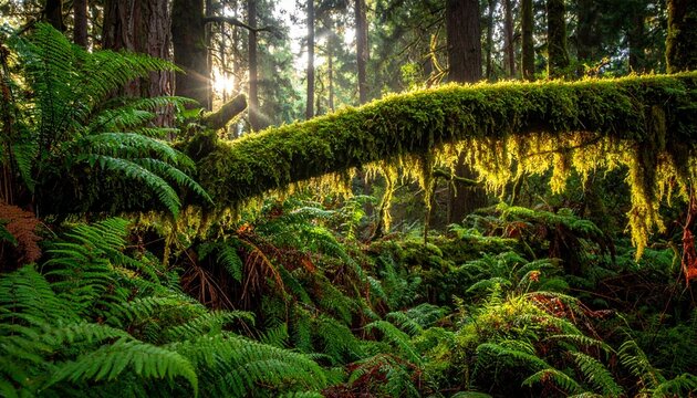 Sunlight streaming through the trees in a lush temperate rainforest with fallen logs covered in vibrant green moss and wild ferns background.