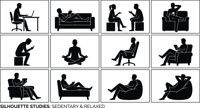 Collection of sedentary and relaxed human silhouettes sitting reading working meditating on chairs sofas and beanbags