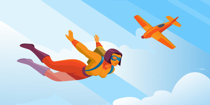 skydiving woman and airplane in a blue sky illustration