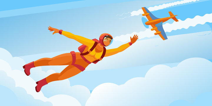 Skydiver in free fall with airplane vector illustration