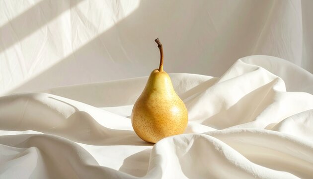 A single fresh yellow pear standing elegantly on soft white draped fabric with artistic shadows creating a minimalist still life composition.