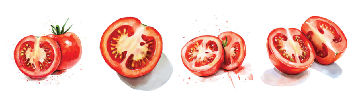 Collection of sliced tomato painting design, Hand-painted style, vectorized, vector set available in EPS, Simple Hand-painted watercolor style, vector set available in EPS, Simple Hand-painted wate