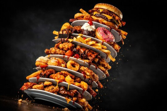 Dramatic flying stack of fast food plates with burger, fries, donuts and fried snacks on dark background, dynamic motion concept of unhealthy indulgence