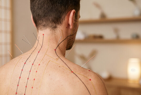Acupuncture treatment on man's neck and shoulders with meridian lines and pressure points chart