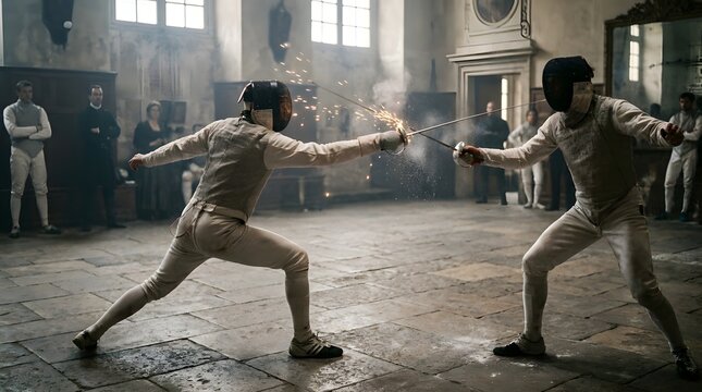 Dramatic fencing duel with sparks and smoke in a grand stone hall