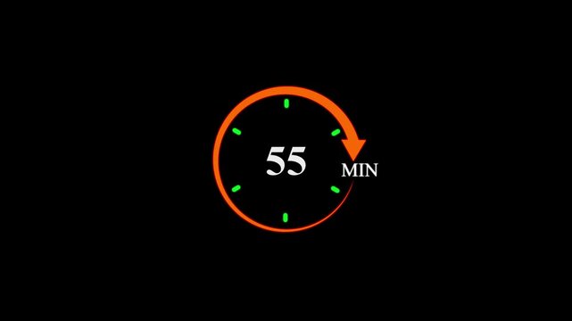55 Min clock icon animation. 55 minute animation on black background and creating a stunning 4k video.