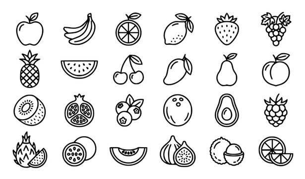 Fruit icons set black and white vector apple banana orange outline illustration