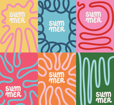 Summer Colorful Abstract Bright Cards Set in Modern Wavy Shapes and Lines. Vector Background Design Templates for Ads, Branding Banners, Event Posters, and Sales