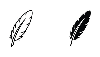 Minimalist quill pen feather icon in outline and solid black silhouette styles for creative writing and literature design elements © Vector