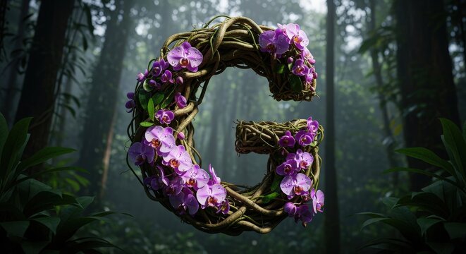 A large capital letter G crafted from organic vines and blooming purple orchids in a lush misty tropical forest setting.