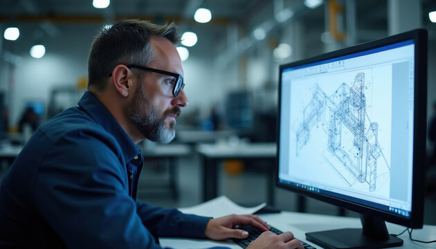 Man uses CAD software for designing technical blueprints on computer. Engineer works on detailed mechanical project in industrial office setting.