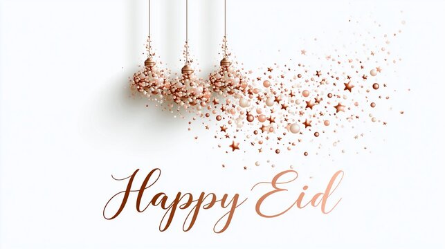 Drei h&auml;ngende Laternen aus kupferfarbenen Partikeln auf wei&szlig;em Hintergrund mit dem Schriftzug &bdquo;Happy Eid".