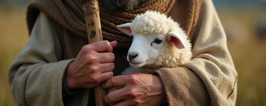 Man in brown robe holds white lamb with wooden staff. Pastoral scene shows care and protection. Rural outdoors setting, gentle human animal bond.