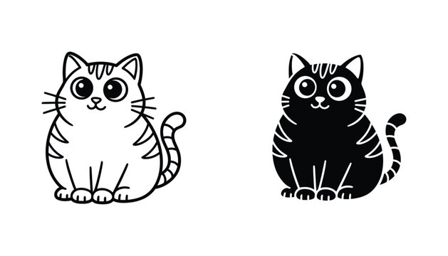 Chubby tabby cat sitting in a cute cartoon style vector set featuring large eyes and stripes in line art and solid black silhouettes