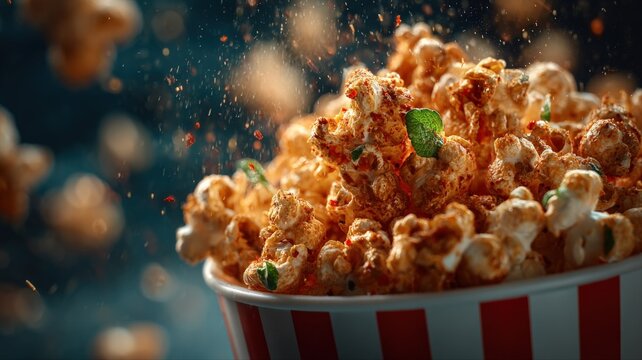 Close up of gourmet seasoned popcorn spilling from a striped bucket, creating a cinematic snack experience