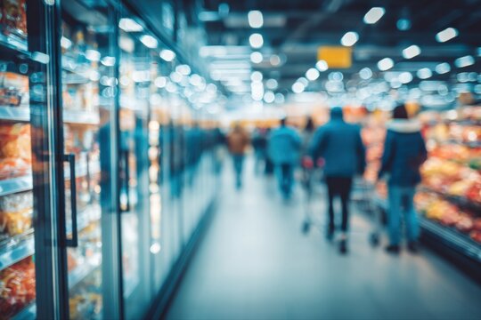 Blurred aisle of a brightly lit supermarket with customers walking past chilled display cabinets and shelves stocked with food products