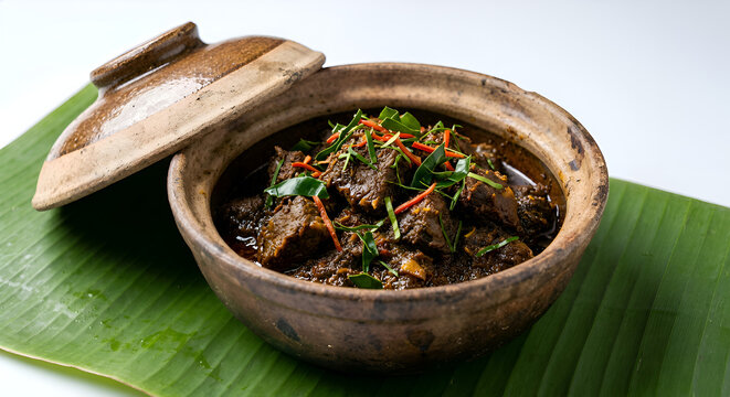 Hyper realistic beef rendang served in a brown claypot bowl, dark rich coconut spice sauce coating tender beef chunks