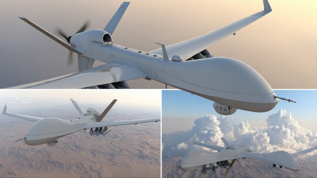 Modern unmanned aerial vehicle aircraft in flight, showcasing advanced surveillance and reconnaissance technology in sky and desert environments.