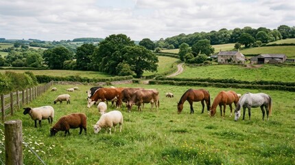 Obraz premium A herd of horses and sheep grazing in a lush green field with a rustic stone barn in the background.