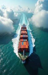 Fototapeta premium Giant cargo ship navigates open ocean with colorful containers stacked high. Vessel leaves white trail on blue sea under cloudy sky. Global freight transport on water.