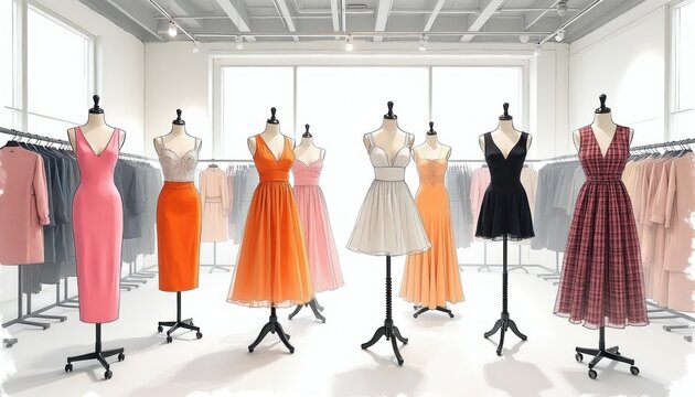 Fashion studio displays dresses on mannequins. Racks hold womens clothing. Diverse apparel styles shown on forms and hangers. Interior showcases retail boutique.