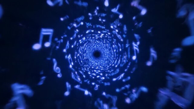 Swirling blue tunnel filled with floating music notes. Depth effect enhances visual impact, suitable for music production, entertainment, digital art