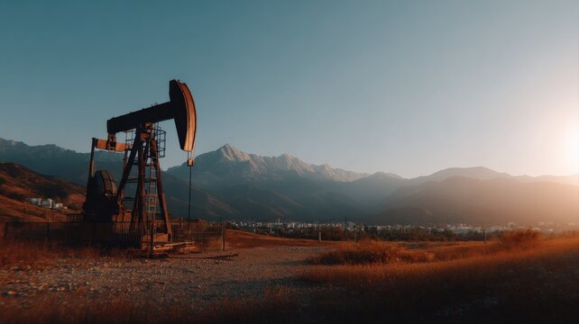 Sunrise over remote oil field with pumpjack operating against a backdrop of majestic mountains