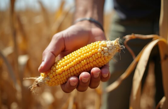 Farmer holds corn cob in dry field. Plant agriculture faces climate impact. Shows food scarcity and crop yield issues. Rural farm life affected by drought conditions.