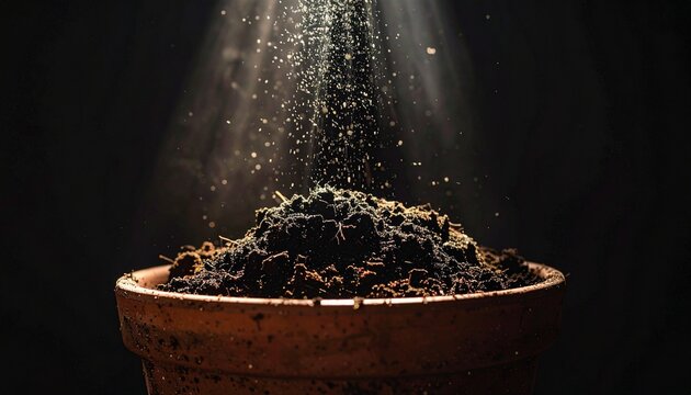 Fertile Soil in Terracotta Pot under Dramatic Ray of Light