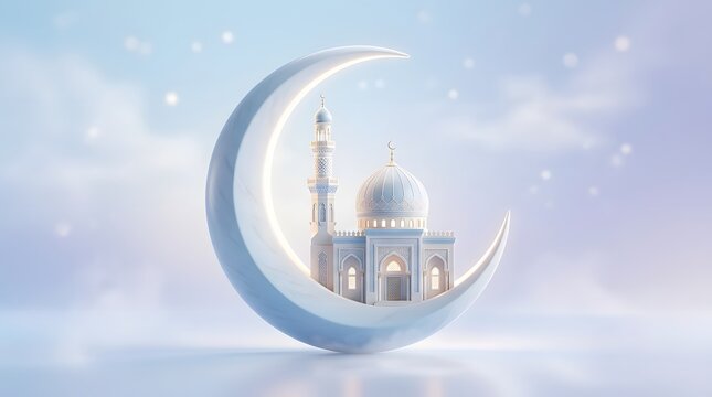 A 3d of a mosque resting inside a glowing crescent moon shape