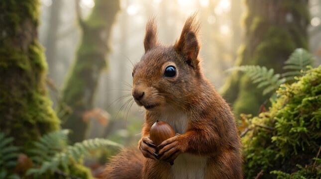 Close-Up Red Squirrel Clutching Acorn Near Chest &ndash; Alert Eyes in Misty Woodland Morning, Intimate Wildlife Portrait with Soft Bokeh, Ultra-Detail 8K Photography