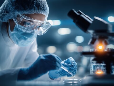 Scientist in sterile lab coat and mask meticulously working with pipette and petri dish near microscope for medical research