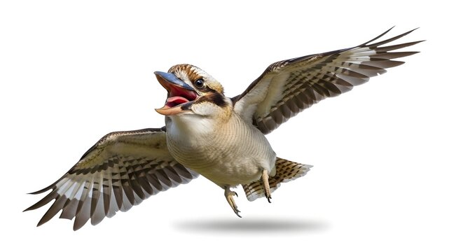 Cheerful kookaburra bird character with open beak and wings spread isolated on a white background
