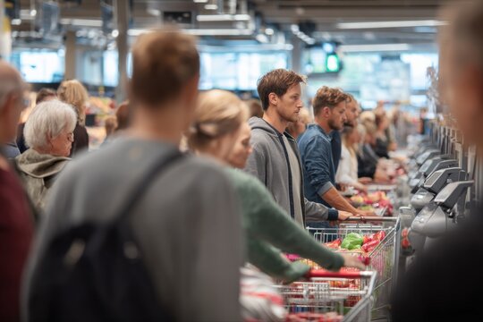 Diverse shoppers wait in line at a busy supermarket checkout with full shopping carts and grocery items