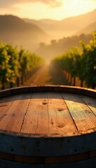 Naklejka premium Old wooden barrel top at sunrise in misty vineyard. Warm amber light falls on grape rows and distant hills. Perfect for wine ads product placement and winery promotions.
