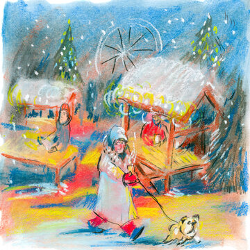 Winter Scene With Girl Walking Dog