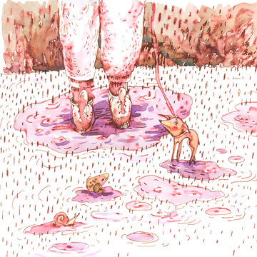 Woman Walking Dog in Puddles After Rain