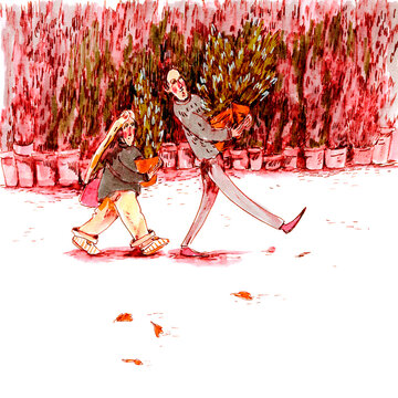Couple Walking With Plants Outdoors Illustration